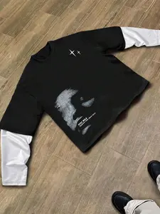 Unisex Colorblock Street Style Streetwear Graphic Print 2 in 1 Double Layer Long Sleeve Tee, Regular Fit Fitted Casual Comfy Street Fashion Round Neck T-shirt for Spring & Fall, Fashion Top for Daily Wear Man