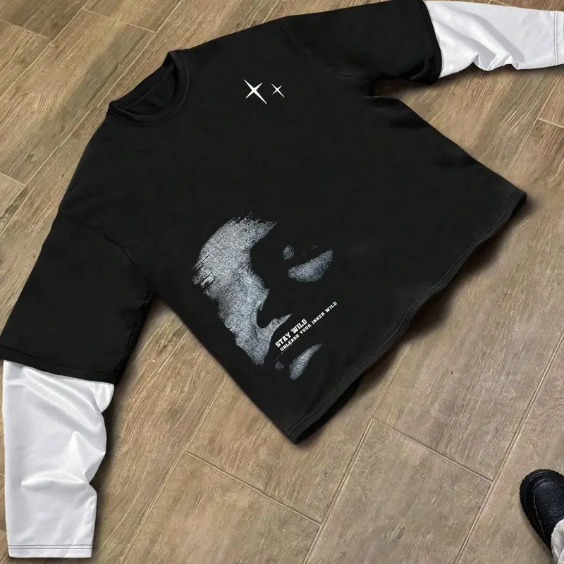 Unisex Colorblock Street Style Streetwear Graphic Print 2 in 1 Double Layer Long Sleeve Tee, Regular Fit Fitted Casual Comfy Street Fashion Round Neck T-shirt for Spring & Fall, Fashion Top for Daily Wear Man Fabric, Casual Streetwear Looks