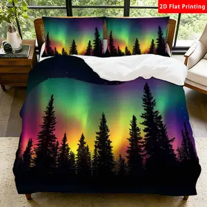 2/3 Pcs 2D Flat Aurora Borealis Duvet Cover Set, Northern Lights Bedding Set Quilt Cover 1 Duvet Cover + 1/2 Pillowcases, Starry Night Top Sheet Decorative Bedding Bedroom Decor