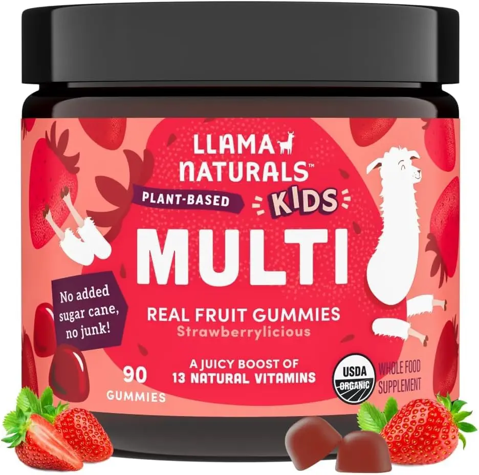 Organic Vegan Kids Multivitamin Gummies Toddler Whole Food Vitamins with Vitamin C D and Beta Carotene No Added Sugar Real Fruit Daily Children Gummy Supplement for Immune Support and Growth Strawberry Flavor 90 Count