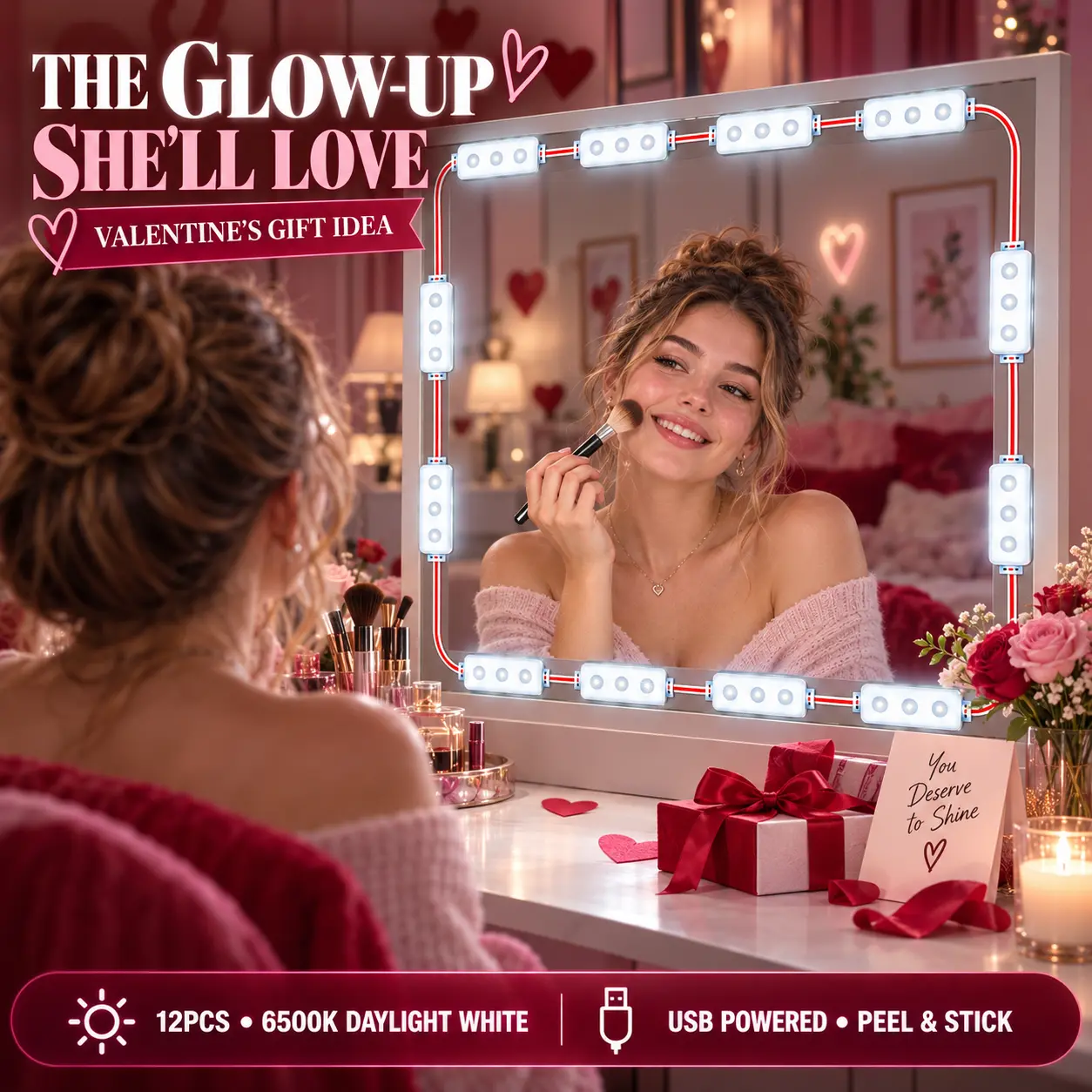 12PCS Vanity Mirror LED Lights Kit, 6500K USB Peel-and-Stick Modules with On-Off Switch, LED Lights Bedroom for Dressing Mirror