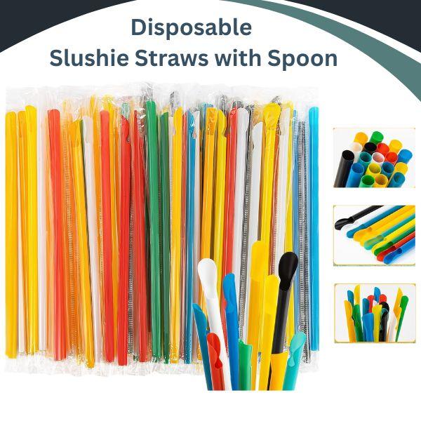 60 PCS Snow Cone Spoon Straws – Disposable Slushie Straws with Spoon, Individually Wrapped Colorful Plastic Straws for Smoothies, Milkshakes, Snow Cones & Party Drinks