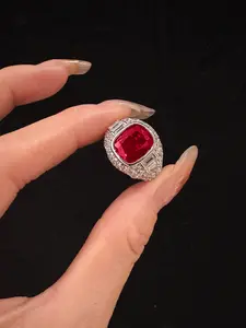 This fire brilliance is incredible! Artificial ruby ring with zircon shining like flames—exclusively developed "Crimson Flame" cut technique｜creates a flowing visual effect of red light.