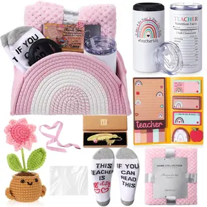 Zopeal Teacher Appreciation Gift Set 9 in 1 Thank You Woven Basket Tumbler Teacher Favor Box for Man Woman End of Year Birthday Day Graduation Party Appreciation Week(Pink)