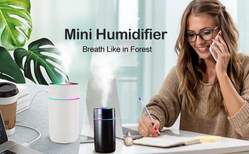 Portable Mini Humidifier with 7-color Lights, Cool Mist Small Desk Humidifiers Car Humidifier [2 Mist Modes] USB Personal Desktop Humidifiers for Bedroom, Office, Travel, Car, Plants, Super Quiet