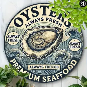 Aluminum Oysters Sign 8x8 Inch Round Wall Art Durable Engraved Seafood Plaque for Home Office Bar Decor Ideal Gift for Seafood Lovers
