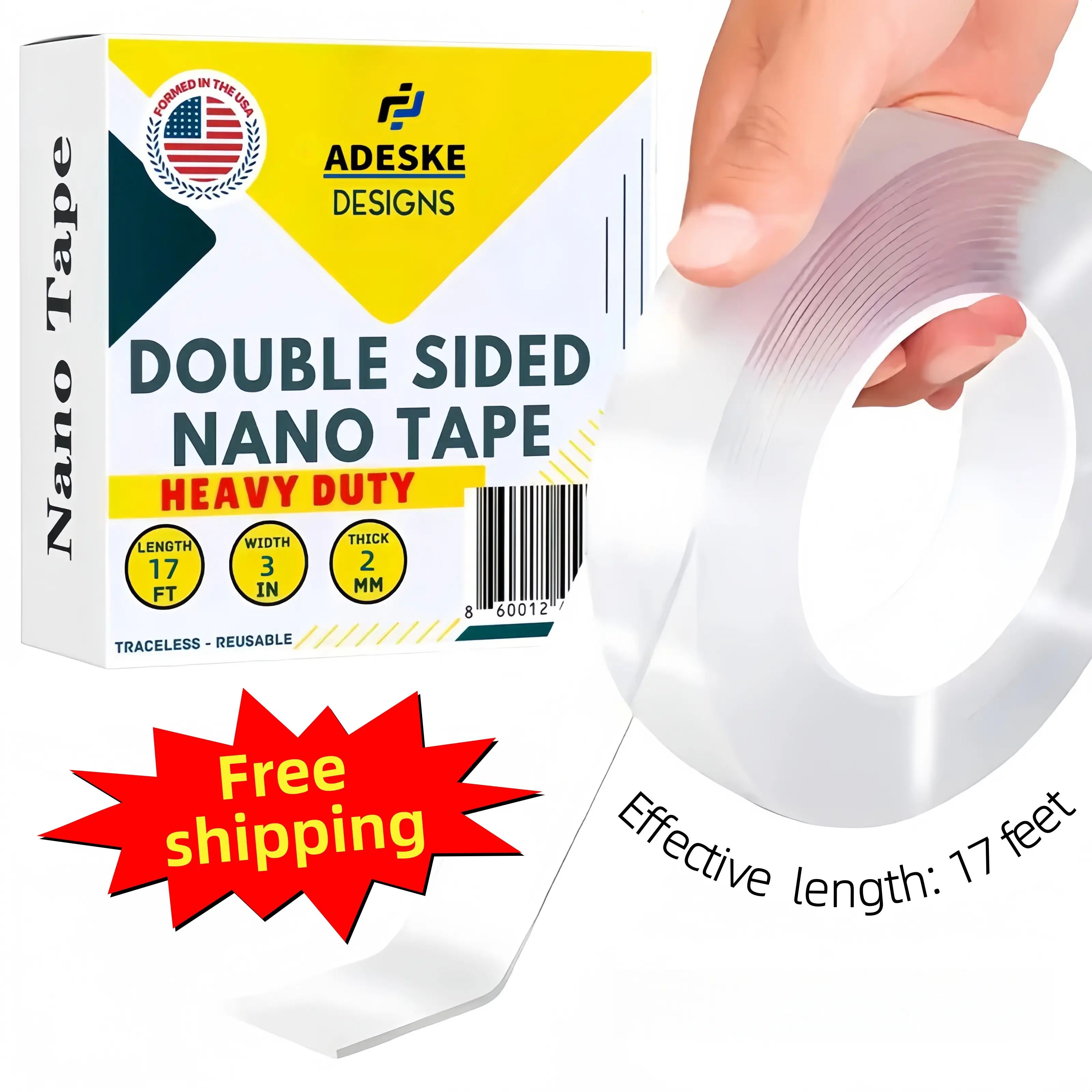 (Effective length: 17 feet) traceless tape, nano double-sided tape, transparent double-sided tape, heavy-duty mounting tape, wall-mounted decorative poster double-sided tape Strong Adhesive