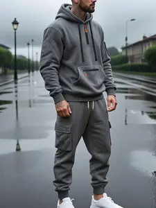 Men's autumn and winter heavyweight fleece hooded sweatshirt set, loose, casual and sporty workwear for daily wear, multi-pocket warm two-piece set