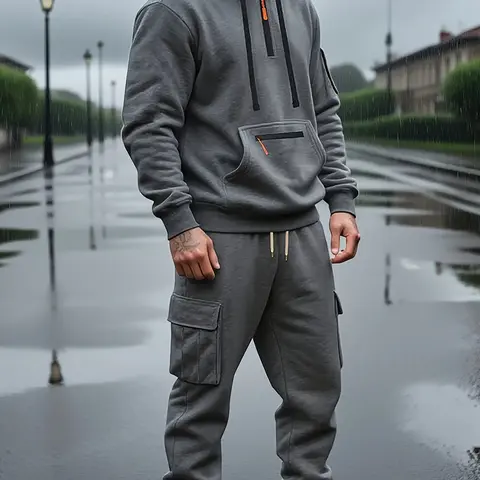 Men's autumn and winter heavyweight fleece hooded sweatshirt set, loose, casual and sporty workwear for daily wear, multi-pocket warm two-piece set