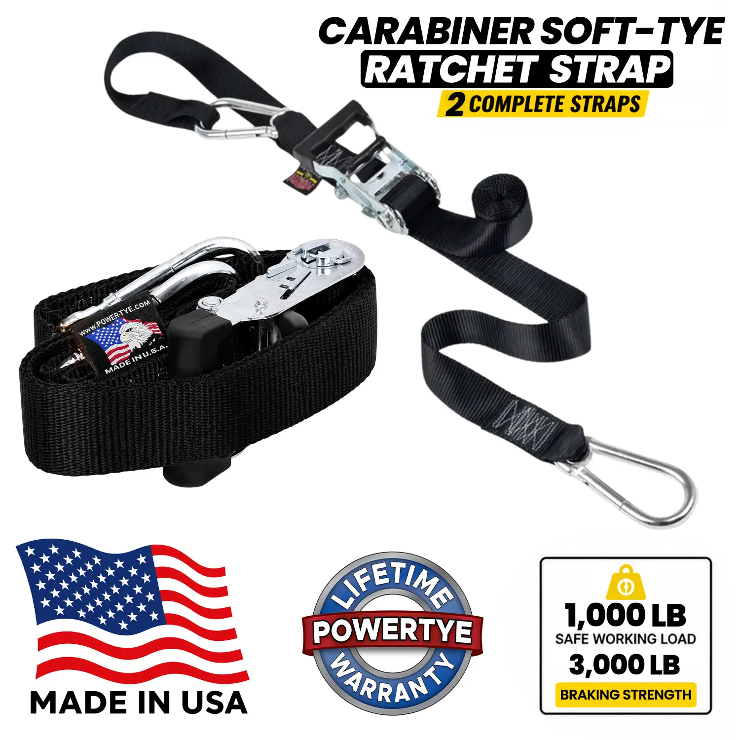 1.5in x 6.5ft CARABINER SOFT-TYE RATCHET TIE-DOWN (pair) - Multicolor