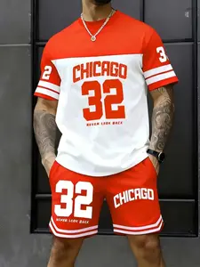 Men's 2-Piece Quick-Dry Outdoor Set, Athletic Sportswear, Summer 3D Print Chicago & Number 32 Full-Print Tee and Short Pants, Casual Fitness Running Sportswear