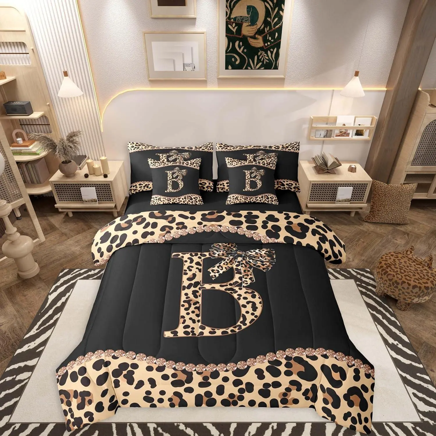 African Cheetah Bow Comforter Set with Sheets Woman Adults - Alphabet Initial B 7-Piece Bedding Set Coquette Bow Leopard Print Bed in a Bag Modern Trendy Fashion Bed Quilt Sets
