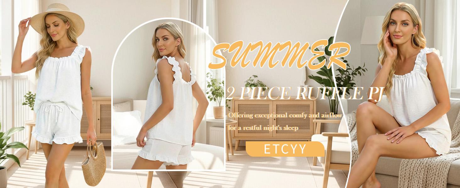 ETCYY Women's Ruffled 2-Piece Lounge Set – Chic Square Neck Tank & Frill Shorts PJs, Summer Co-ord Outfit, Lightweight Flowy Sleepwear, 2 Piece Sets Women, Plus Size Sets, Casual Matching 2 Piece Sets for Women,Knit Casual Lounge Set,co ord