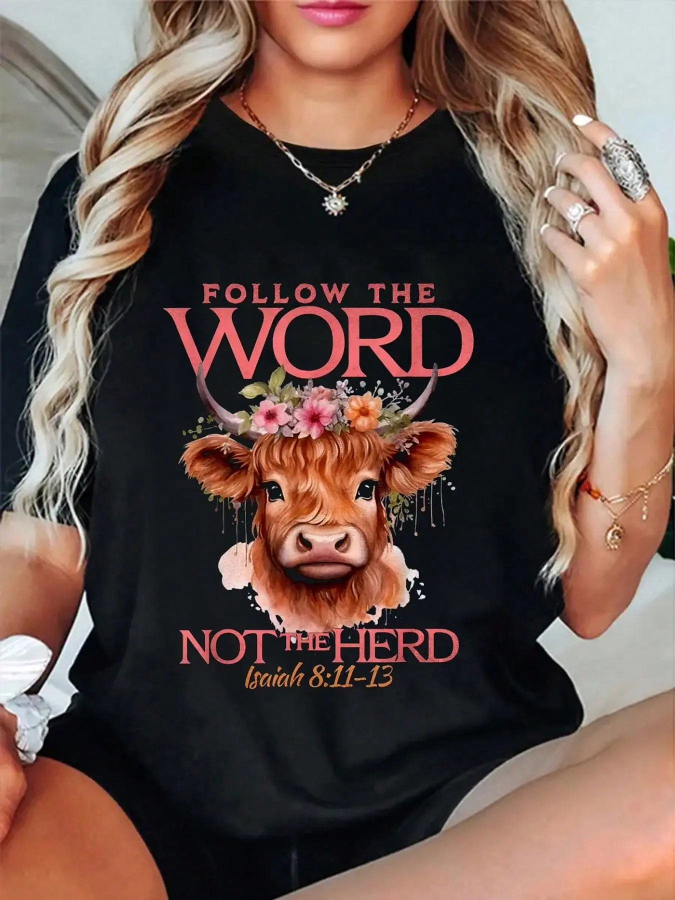 Follow Word Not Herd Christian Western Highland Cow-Shirt Summer Outfits Women Shirts Women Graphic Tees Women