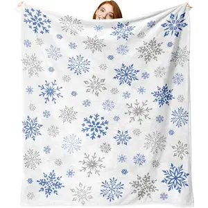 Winter Blue Snowflake Flannel Throw Blanket, Snow Christmas Birthday Gifts for Men Women, Seasonal Soft Blankets for Bedding Sofa 50 x 60 Inches