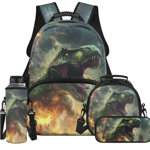 Dinosaur Kid Backpack, 4pcs Boys Bookbag with Lunch Bag + Pencil Case + Bottle Holder, Cool Dino Backpack Back to School Supplies Durable Lightweight