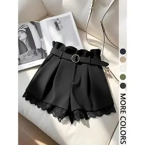 Women’s Valentine’s Day elegant summer shorts with belt, fitted solid-color shorts with contrast lace trim, fashionable versatile style, womenswear