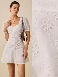 French White Puff Sleeve Mini Dress – Spring Fairy Dress, Beach or Tea Party Outfit, Embroidered Fabric, Casual Women's Bodycon Wear