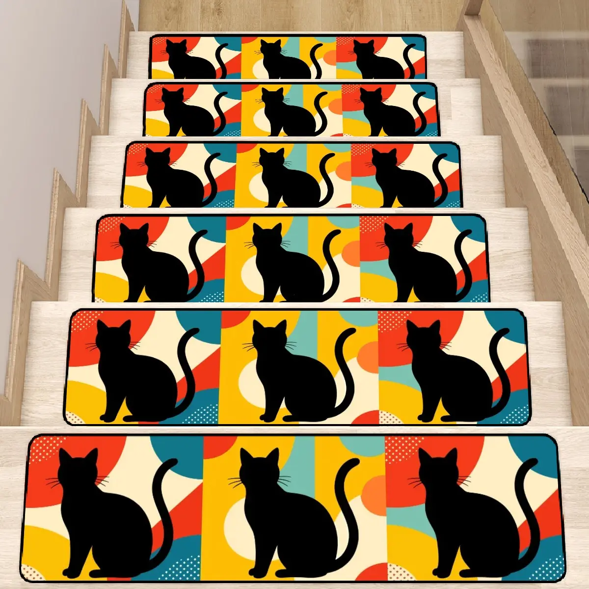 Pop Art Black Atomic Cats, Red Blue Yellow, Non Slip Carpet for Stairs Treads