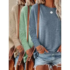3pcs Women's Casual Long Sleeve T-Shirts with Chest Pockets - Soft Breathable Fabric, Regular Fit H-Silhouette Tops for Spring & Fall Green+Blue Gray+Khaki Womenswear Tshirt Streetwear Summer Crewneck