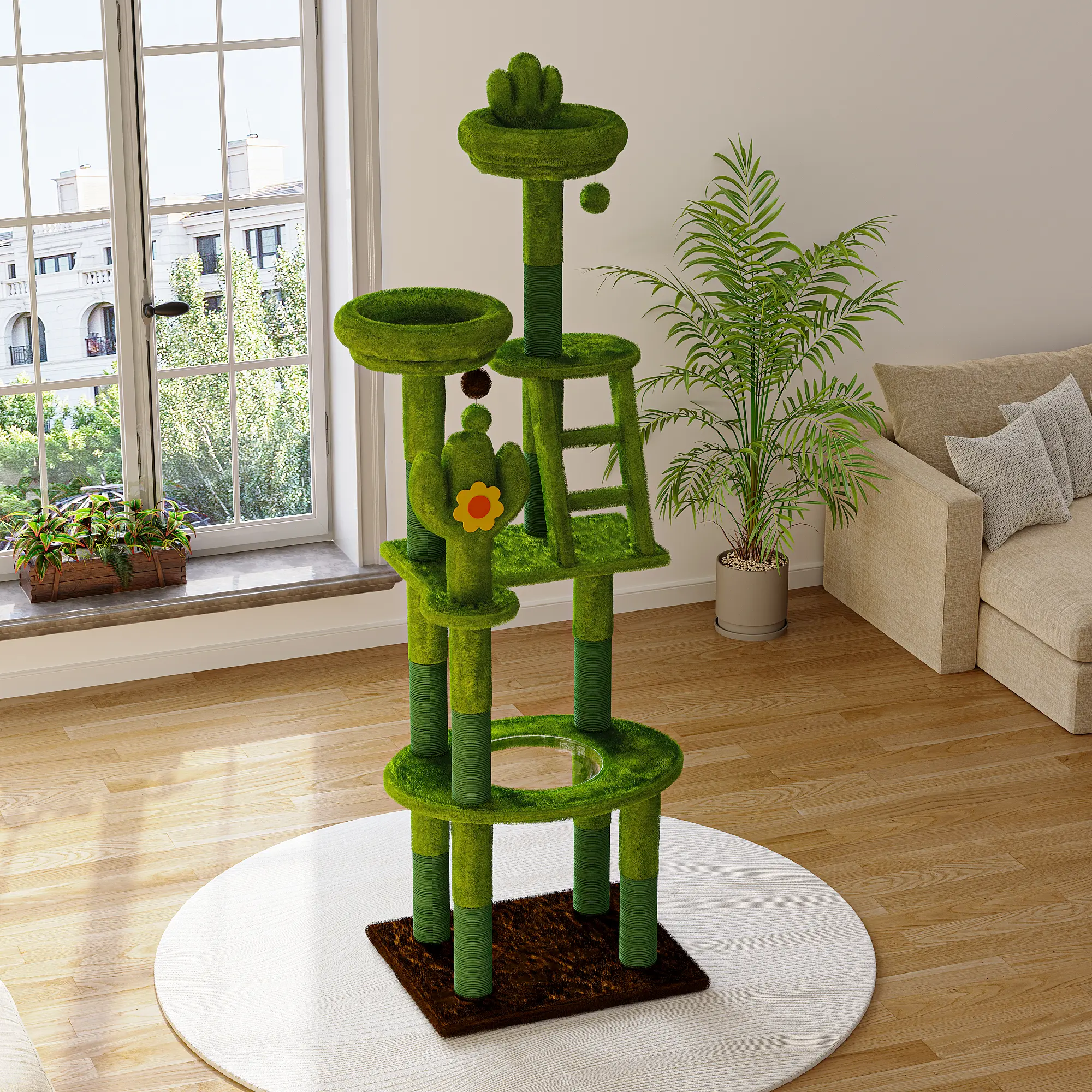 72in Cactus Cat Tree Tall Cat Tower for Indoor Cats W/Transparent Capsule,Sisal Scratching Posts,Plush Perches and Interactive Toys,Multi-Level Cat Activity Center Furniture for Kittens and Large Cats