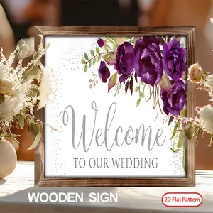 (2D Flat)  1PC 8 x 8 Inches Romantic Wedding Wooden Sign Welcome To Our Wedding Purple Flowers Memorial Table Sign for Wedding Bridal Shower Party Decor, Loving Memory for Ceremony and Reception