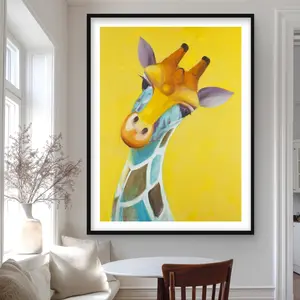 212 MAIN Matted Framed Giraffe Print Wall Art, 36x48 in. - Colorful Retro Cartoon Animal Print, Nature-Inspired Decoration for Kids Room Home Decor