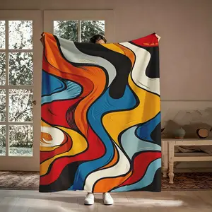 Bold Fluid Art Flannel Throw Blanket, Psychedelic Wavy Swirl Red Orange Blue, Soft Cozy Warm, for Couch Bed, Gift for Her Him, Birthday Christmas, Aesthetic Abstract Modern Decor