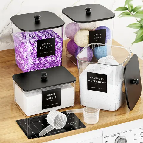 3+1 Pack Laundry Pods Container, Clear Laundry Room Organization Containers, Large Laundry Detergent Powder Storage Containers with Black Lids & Labels, Laundry Pods Holder for Scent Booster