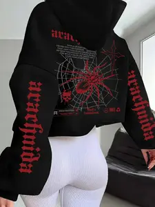 Women's Fashion Loose Fit Hoodie, Autumn Winter Letter Spider Print Sweatshirt, Casual Style, Versatile and Comfortable
