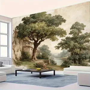 1pc Vintage 1800s Style 2D Flat Polyester Forest Tapestry Backdrop - Serene Green Landscape Trees & Misty Sky Wall Hanging for Room, Indoor/Outdoor Party Decor, Photography Studio Background