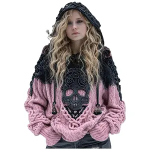Plus Size, Women's Large Oversized Gothic Hooded Sweater - Winter Warm Purple & Black Retro Pullover with Skull Print Collar, Loose Fit Casual Sweater for Halloween Costumes & Layered Outfits (Machine Washable)