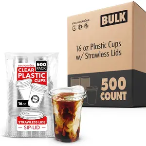 16 oz Plastic Cups w/Strawless Lids (500 Pack)