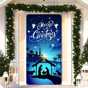 Nativity Scene Christmas Door Cover for Front Door Fabric Jesus Holy Night Religious Decor