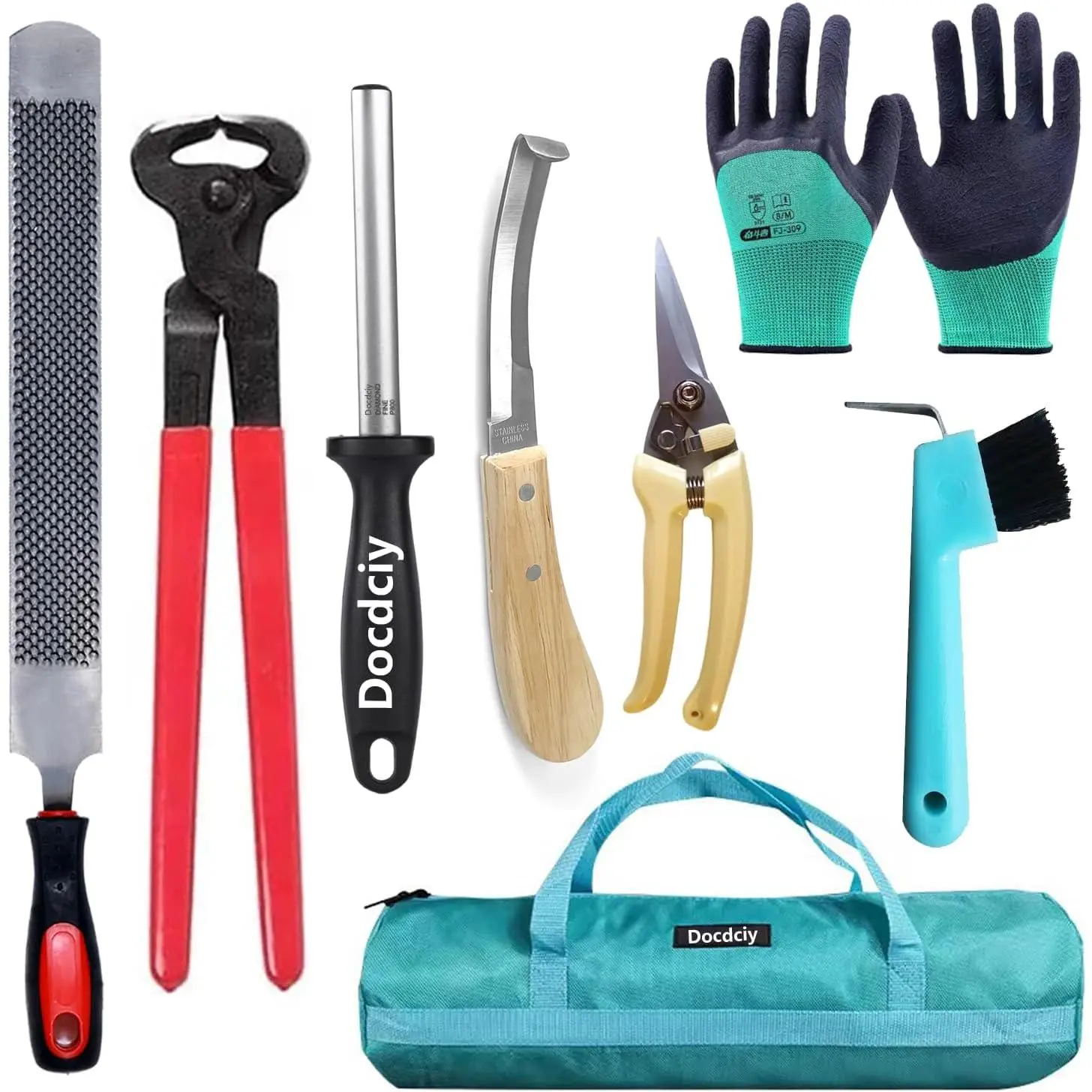 8 Piece Farrier Tool Kit, 14 Inch Horse Hoof Trimming Tools Include Hoof Knife, Hoof Nippers, Hoof Rasp, Hoof Pick, Hoof Knife Sharpener，Gloves and Bag
