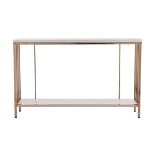 HomeRoots 402415 48 in. Faux Stone Floor Shelf Console Table with Storage, Champagne & Gold
