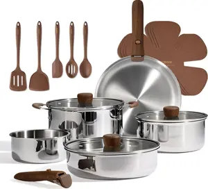 CAROTE 19pcs Stainless Steel Cookware Set with Detachable Handle, Pots and Pans Set, Induction Kitchen Cooking Sets, RV/Camping Cookware, Removable Handle, Oven Safe, Woodgrain