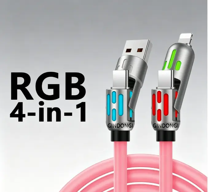 4-in-1 Multi-Functional Electronic USB Charger Cable - USB A, Type C, Lightning Connectors, Fast Charging, Data Sync, Breathing Light Indicator