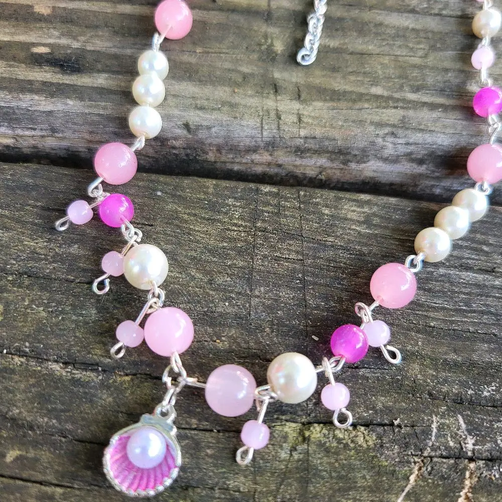Pink Seashell and Pearl Necklace Silver Plated Handcrafted Unique Design with Pink and White Beads