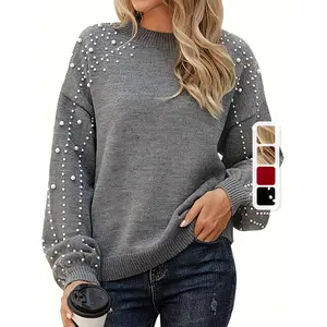 Plus Size Elegant Sweater, Women's Plus Solid Faux Pearl Decor Long Sleeve Round Neck Knitted Pullover Jumper