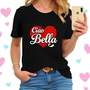 Ciao Bella Black T-Shirt With Red Heart Graphic - Stylish Casual -All Cotton