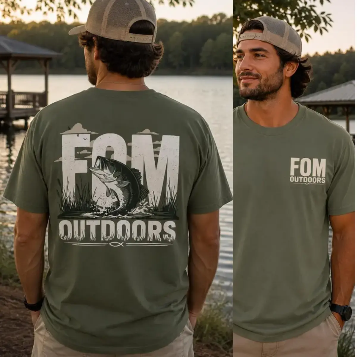 Men’s Bass Fishing T-Shirt Largemouth Bass Jumping From Lake Water With Outdoor Marsh Landscape Front And Back Graphic Tee, Fishing Trip Shirt For Men, Lake Camping Outfit, Father’s Day Birthday Gift For Anglers, Fishermen, Outdoor Dads And Bass Fans Top