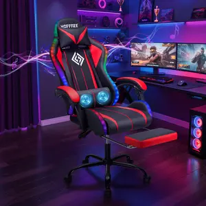 HOFFREE RGB Gaming Chair with Speakers Massage Computer Gaming Chair with LED Lights and Footrest High Back Video Game Chair for Adults Red and Black