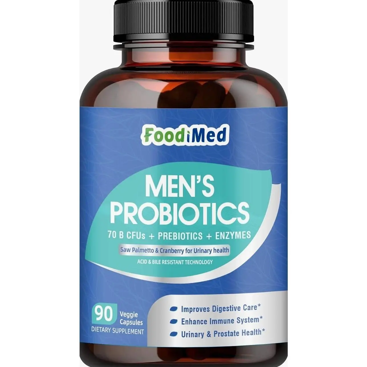 FoodiMed Probiotics for Men Digestive Health, 70 Billion CFUs Mens Probiotic with Enzymes, Prebiotics & Probiotics & Saw Palmetto for Prostate & Urinary Tract, Gas & Bloating Gut Health, 90 Capsules