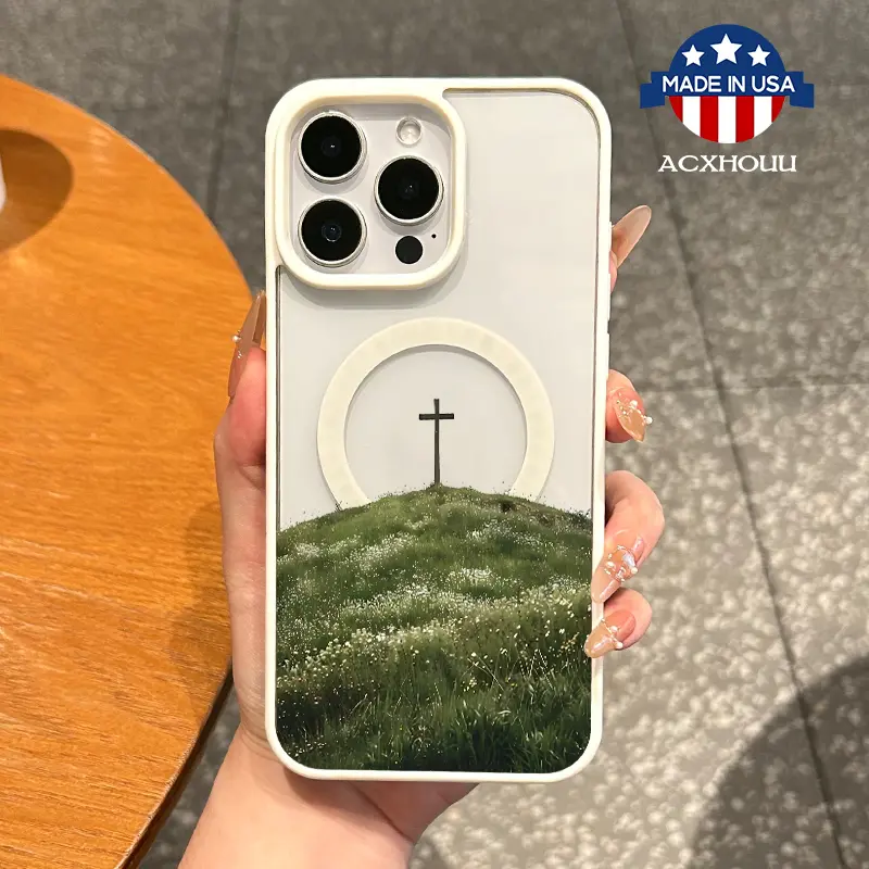 Magnetic TPU Smartphone Cover with Protection for iPhone 11-16 & Pro Max, MagSafe Ready, Aesthetic Solitary Cross on Verdant Hill Design, Shockproof, Lightweight, Waterproof Mobile Phone Accessory