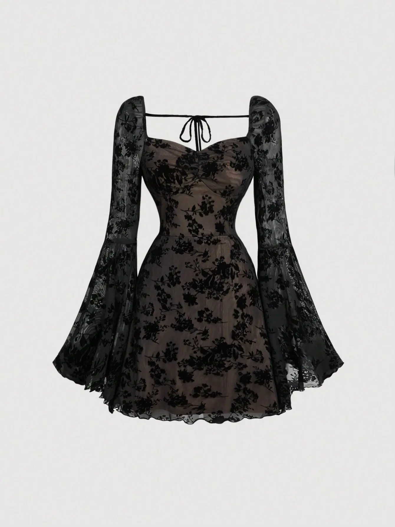 Heart Neck Solid Color Ruched Bust Bell Sleeve Flocked Jacquard Maxi Jumpsuit Dress,Fairy Core Dinner Outfit,Wedding Women Dresses,Elegant Prom Dress dress casual dress christmas short party