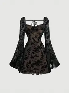 Heart Neck Solid Color Ruched Bust Bell Sleeve Flocked Jacquard Maxi Jumpsuit Dress,Fairy Core Dinner Outfit,Wedding Women Dresses,Elegant Prom Dress dress casual dress christmas short party