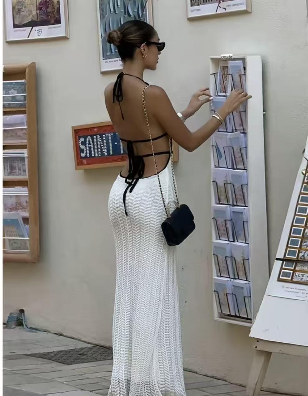 Summer Y2K Women Sweater Dresses Halter Neck Backless Knit Maxi Dress Waist Cinched Boho Beach Vacation Festival Resort Wear Casual