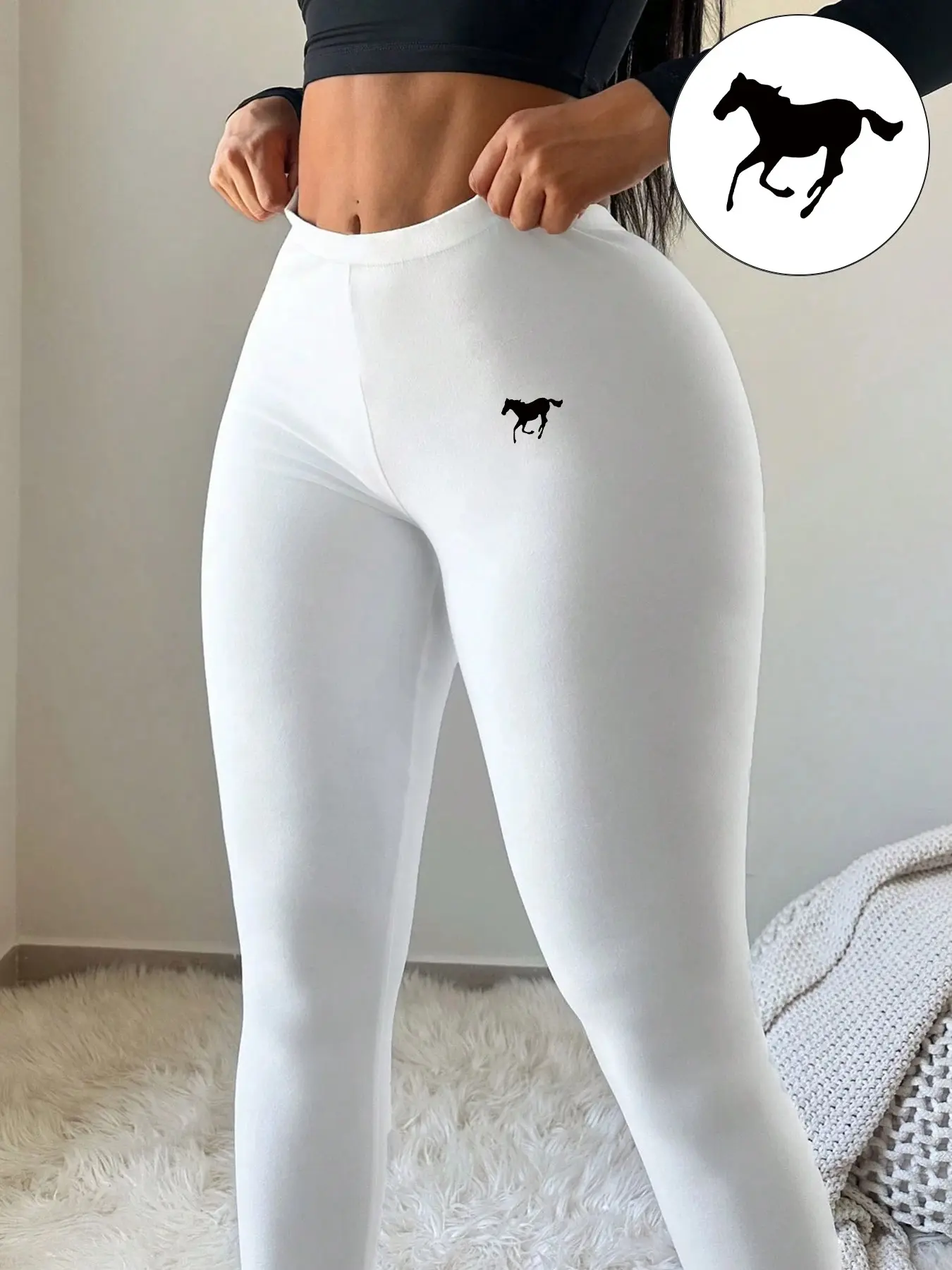 Year of the Horse High Waisted Leggings for Women, Buttery Soft Stretch Tummy Control Yoga Pants, Trendy White Workout Leggings with Cute Horse Print, Squat Proof for Fitness, Casual Streetwear, Athleisure Bottoms