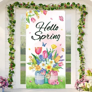Hello Spring Door Set Flower Jar Door Back Decoration Colorful Butterfly Hanging Seasonal Door Banner Used for Spring Party Decoration Supplies 180x90cm